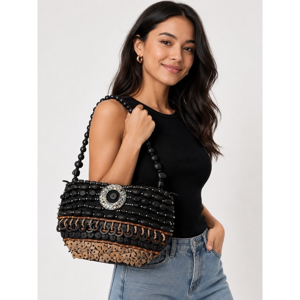 Pale Handmade Wood Beaded Shoulder Handbag Boho Tribal Shell Accent Purse Black